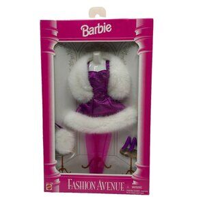 Vintage 1995 NIP Barbie Mattel Fashion Avenue Purple Party dress white fur 14980